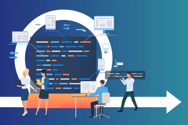 Professional group working on project. Process, work on computer, integration. Business concept. Vector illustration can be used for topics like software development, agile management, scrum meeting